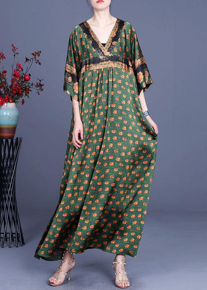 Green Dot Silk Patchwork V Neck Dress Summer