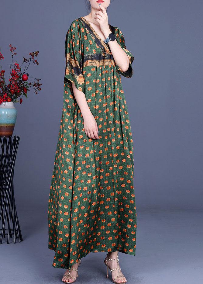 Green Dot Silk Patchwork V Neck Dress Summer