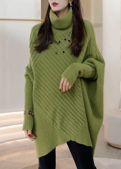 Green Hign Neck Asymmetrical Patchwork Knit Pullover Batwing Sleeve