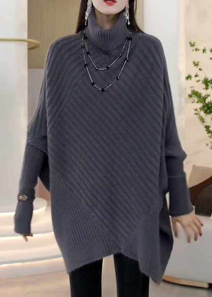 Green Hign Neck Asymmetrical Patchwork Knit Pullover Batwing Sleeve