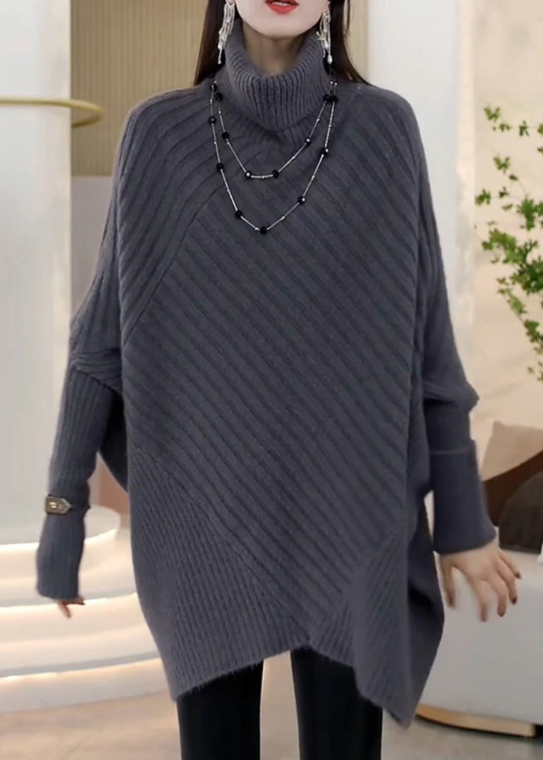 Green Hign Neck Asymmetrical Patchwork Knit Pullover Batwing Sleeve