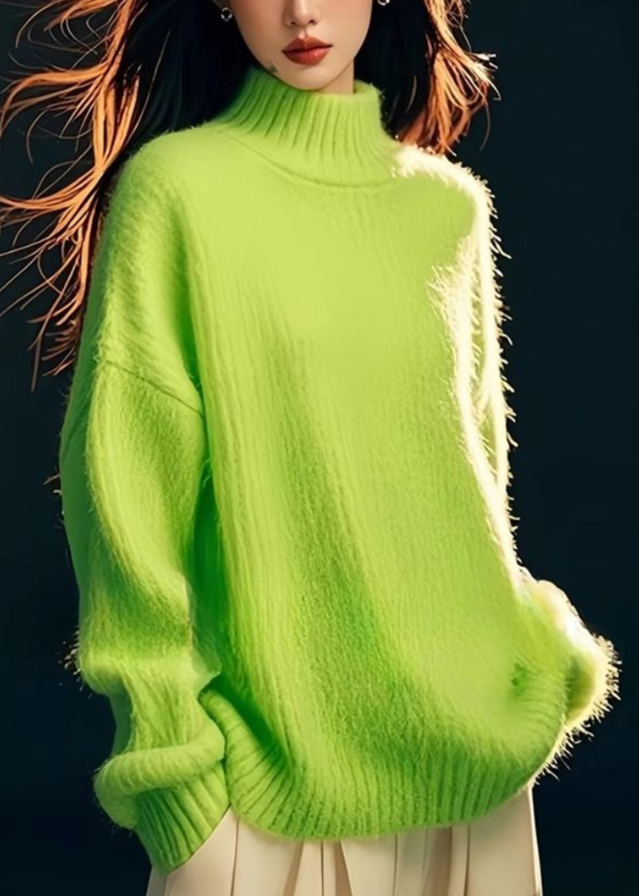 Green Hign Neck Patchwork Knit Sweater Tops Spring