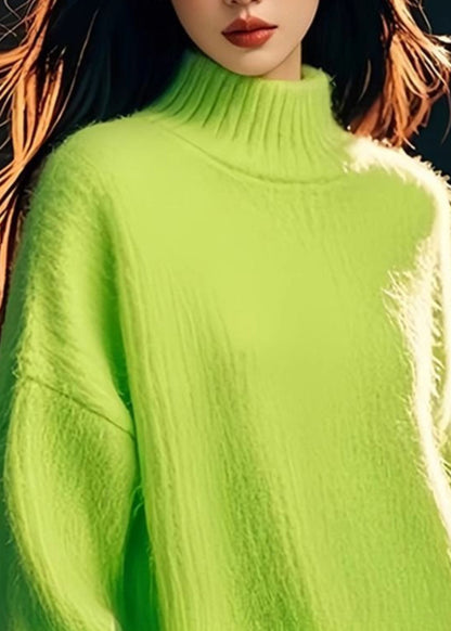 Green Hign Neck Patchwork Knit Sweater Tops Spring