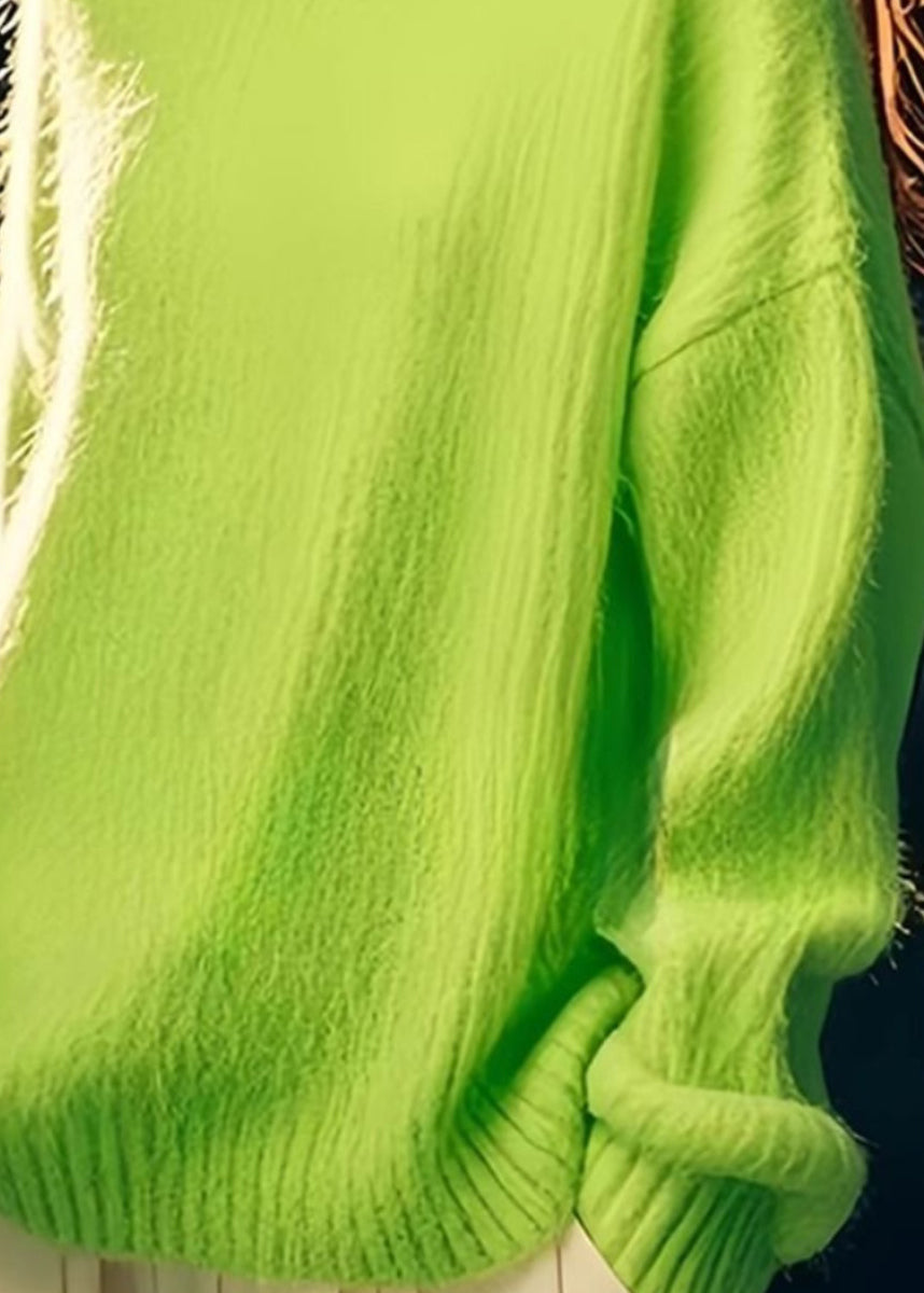 Green Hign Neck Patchwork Knit Sweater Tops Spring