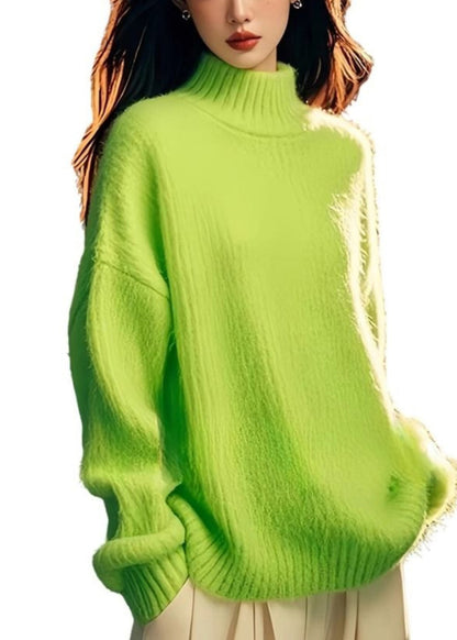 Green Hign Neck Patchwork Knit Sweater Tops Spring