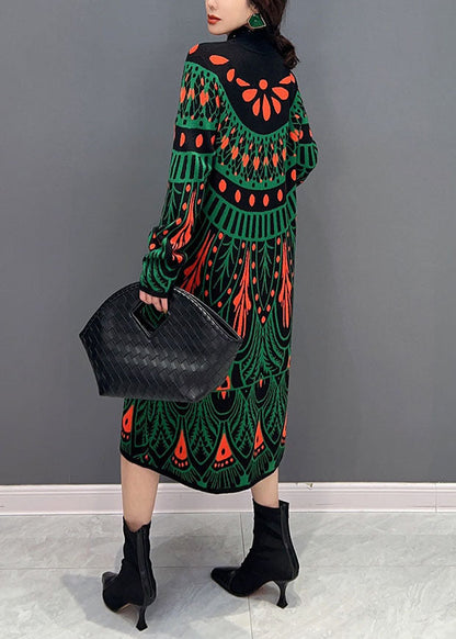 Green Hign Neck Print Knit Long Dress Winter