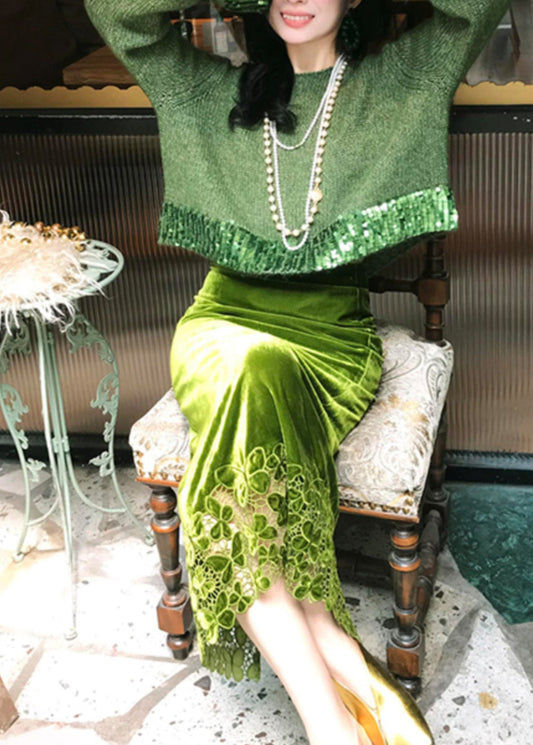 Green Hollow Out Cotton Knit Sweaters Spring