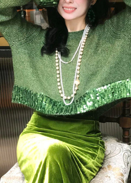 Green Hollow Out Cotton Knit Sweaters Spring