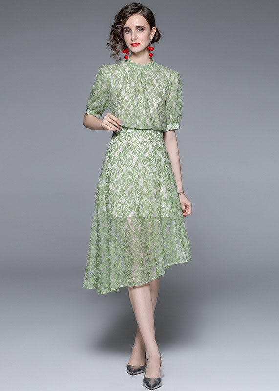 Green Jacquard Asymmetrical Patchwork Lace Mid Dress Summer
