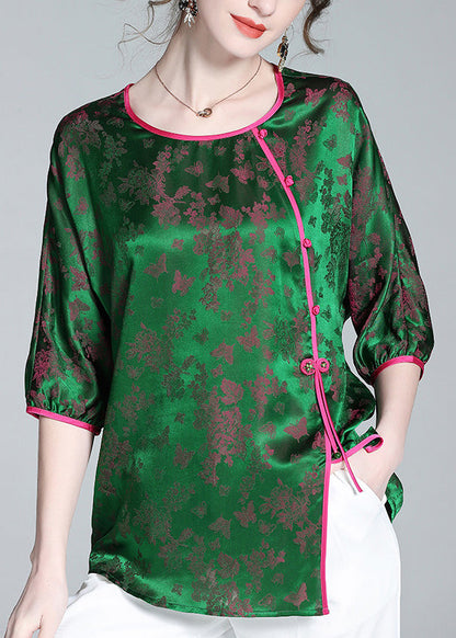 Green O-neck Asymmetrical Button Silk Top Summer