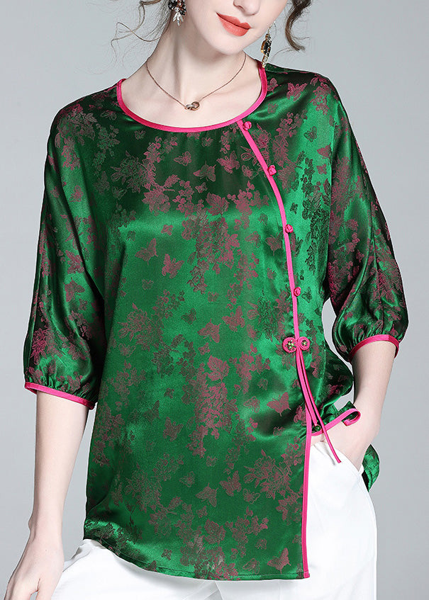 Green O-neck Asymmetrical Button Silk Top Summer