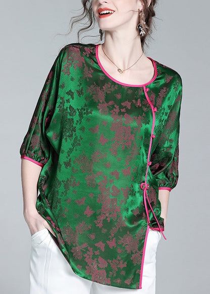 Green O-neck Asymmetrical Button Silk Top Summer