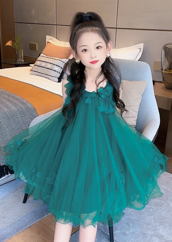 Green O-neck Layered Tulle Kids Long Dress Sleeveless