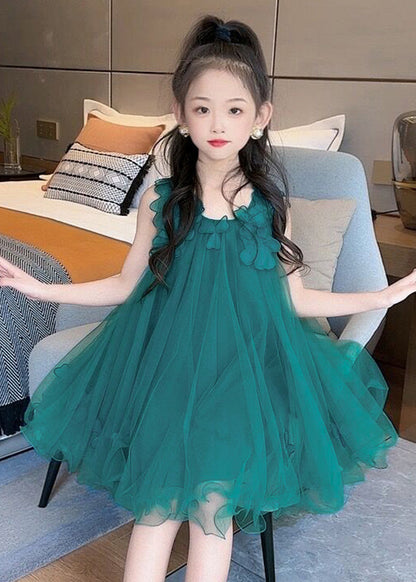 Green O-neck Layered Tulle Kids Long Dress Sleeveless
