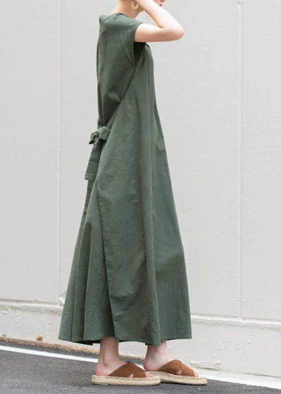 Green O Neck Patchwork Cotton Dress Short Sleeve