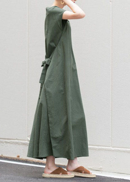 Green O Neck Patchwork Cotton Dress Short Sleeve
