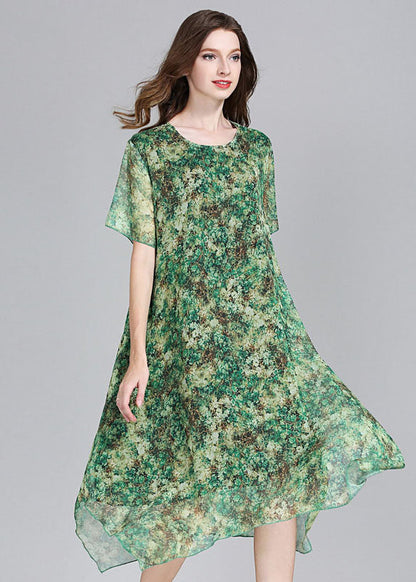 Green O Neck Print Patchwork Chiffon Dress Summer