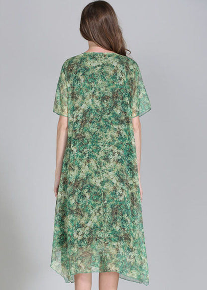 Green O Neck Print Patchwork Chiffon Dress Summer