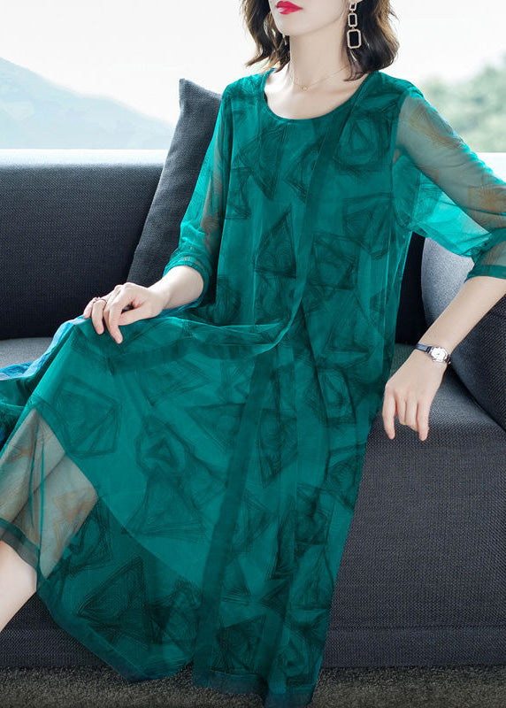 Green O-neck Print Patchwork Tulle Maxi Dresses Summer