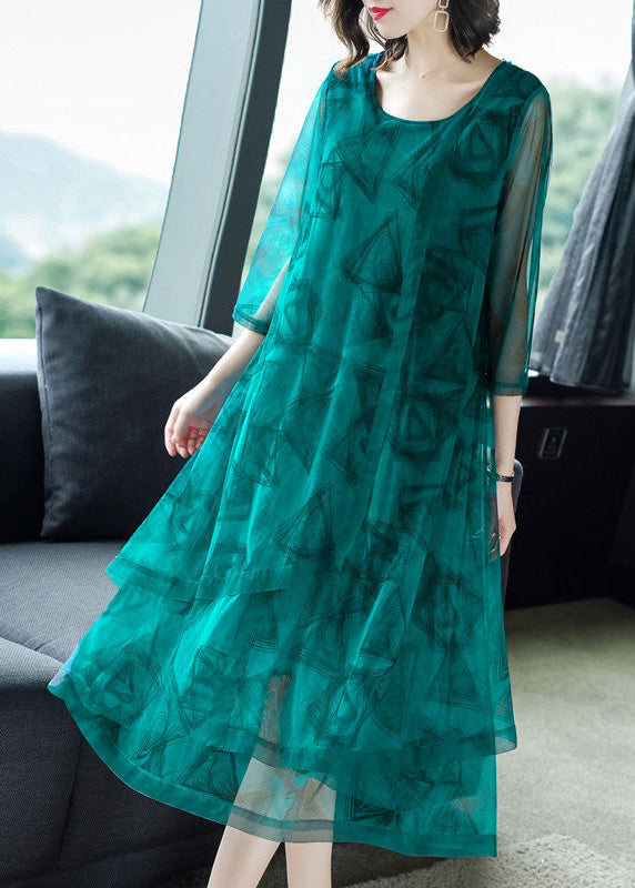Green O-neck Print Patchwork Tulle Maxi Dresses Summer
