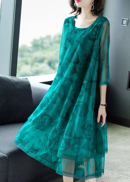 Green O-neck Print Patchwork Tulle Maxi Dresses Summer