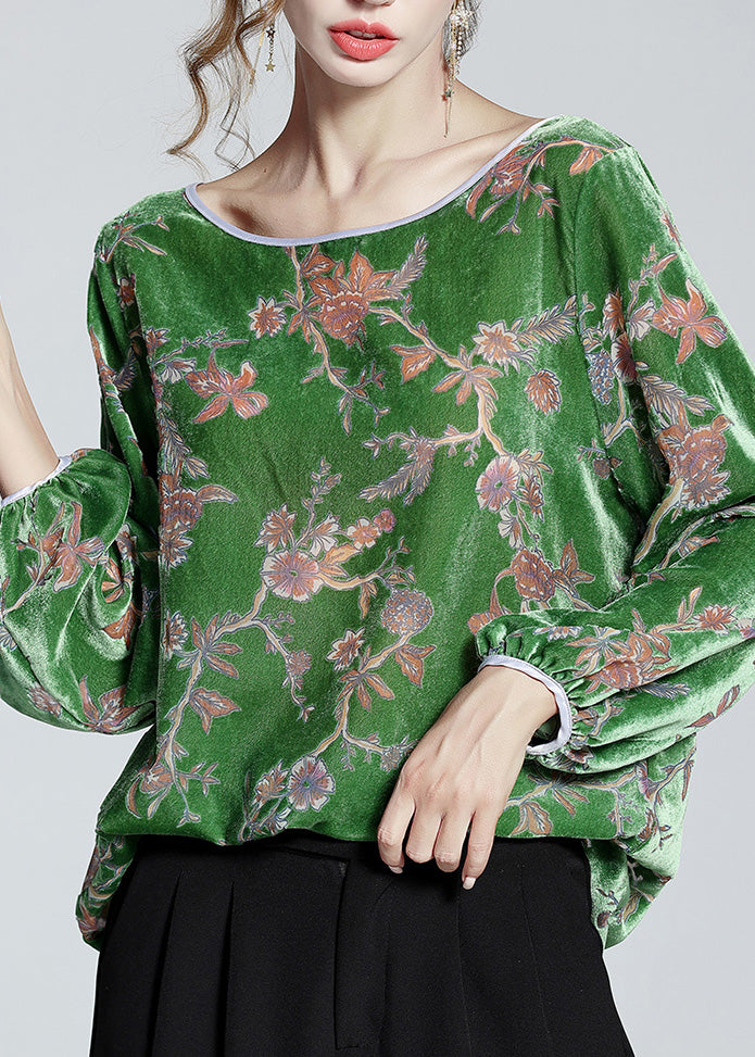 Green O-neck Print Velour Top Spring