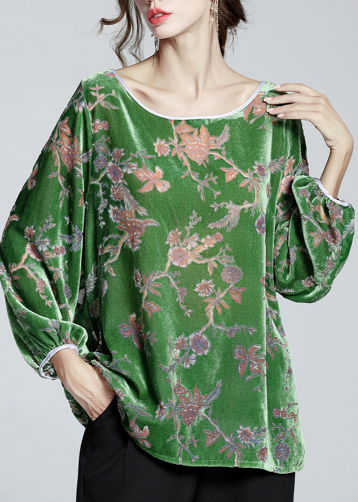 Green O-neck Print Velour Top Spring