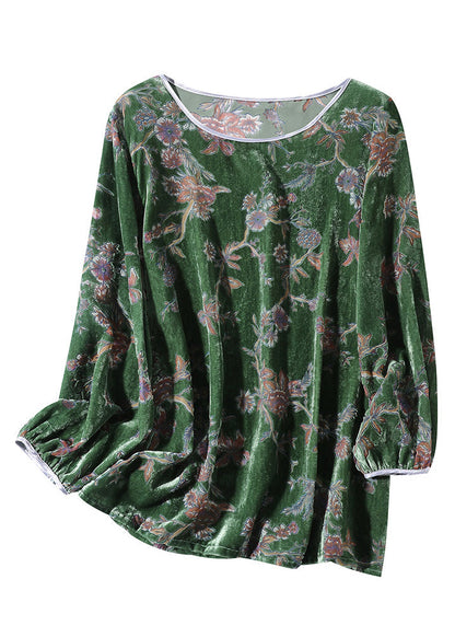 Green O-neck Print Velour Top Spring