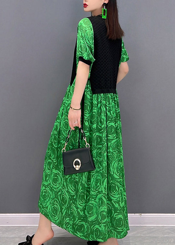 Green O-neck Print Waistcoat Patchwork Holiday Dress Short Sleeve