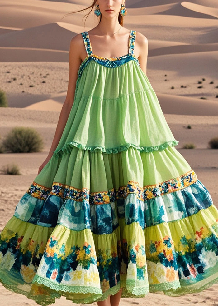 Green Oversized Print Exra Large Hem Cotton Sundress Summer