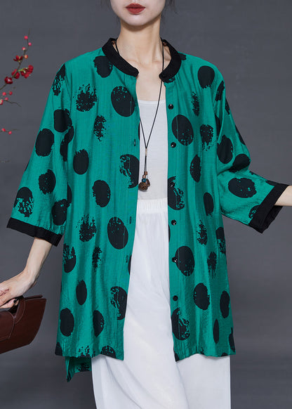 Green Oversized Print Linen Silk Long Shirt Summer
