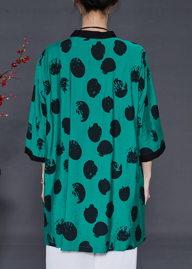 Green Oversized Print Linen Silk Long Shirt Summer