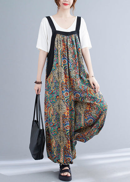 Green Oversized Print Pockets Spandex Jumpsuit Summer