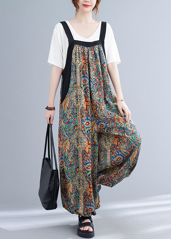 Green Oversized Print Pockets Spandex Jumpsuit Summer