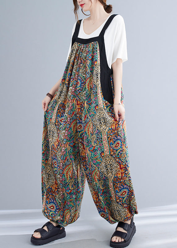 Green Oversized Print Pockets Spandex Jumpsuit Summer