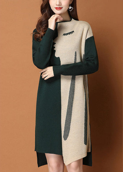Green Patchwork Asymmetrical Design Slim Fit Fall Sweater Dress