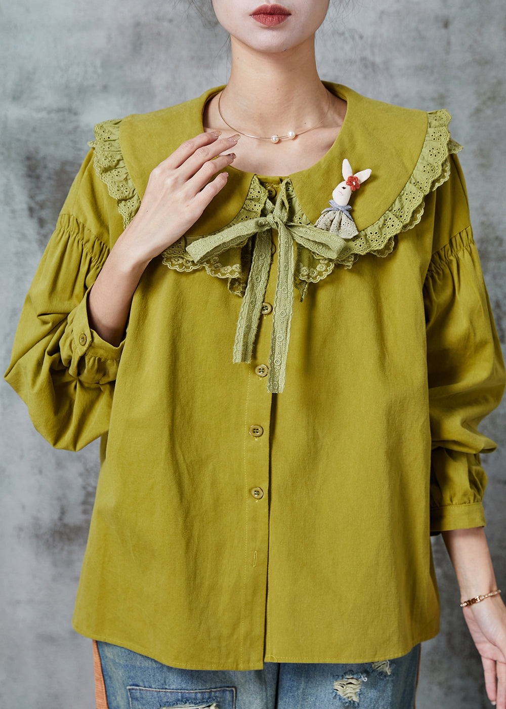 Green Peter Pan Collar Patchwork Lace Cotton Shirt Spring