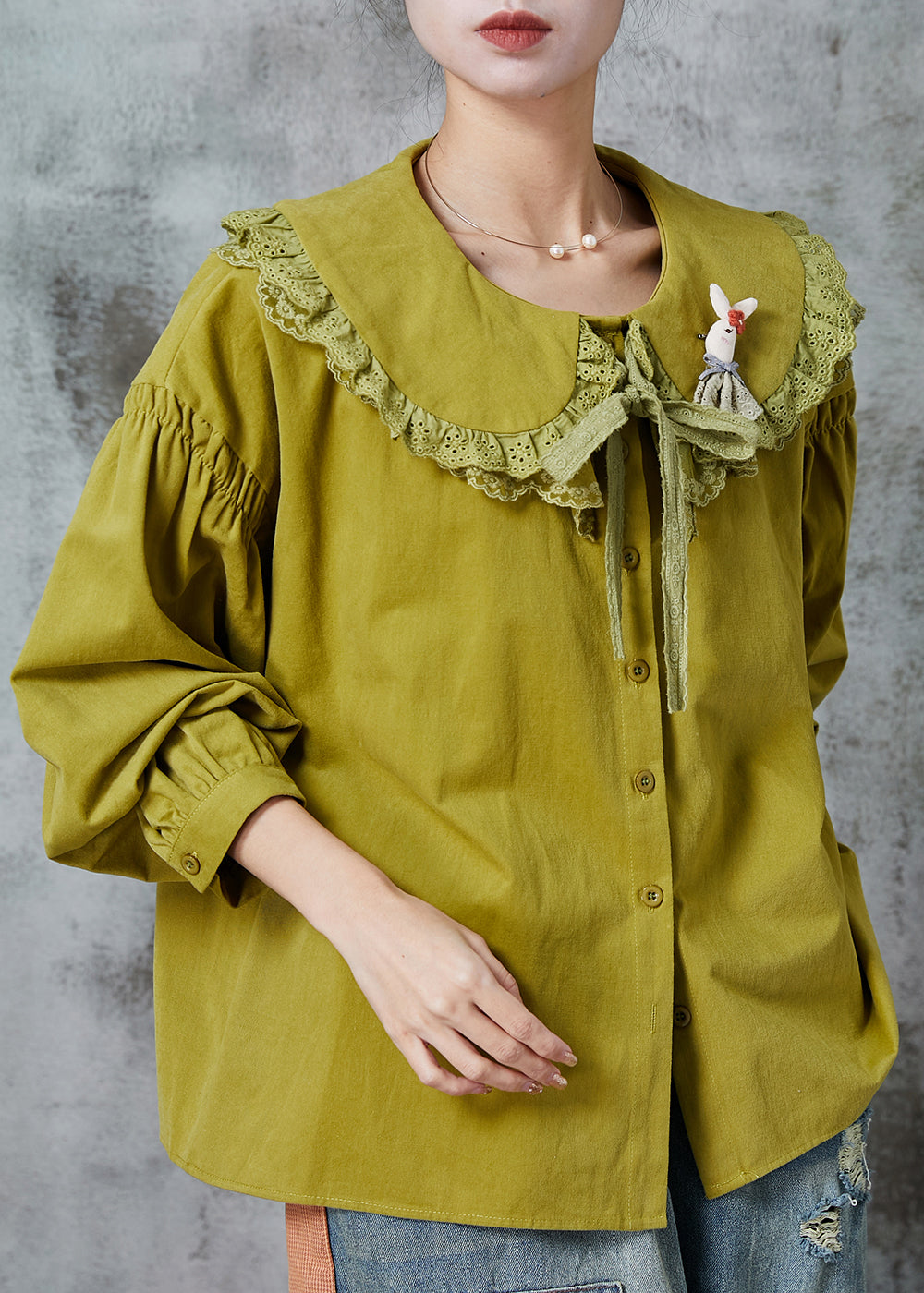 Green Peter Pan Collar Patchwork Lace Cotton Shirt Spring