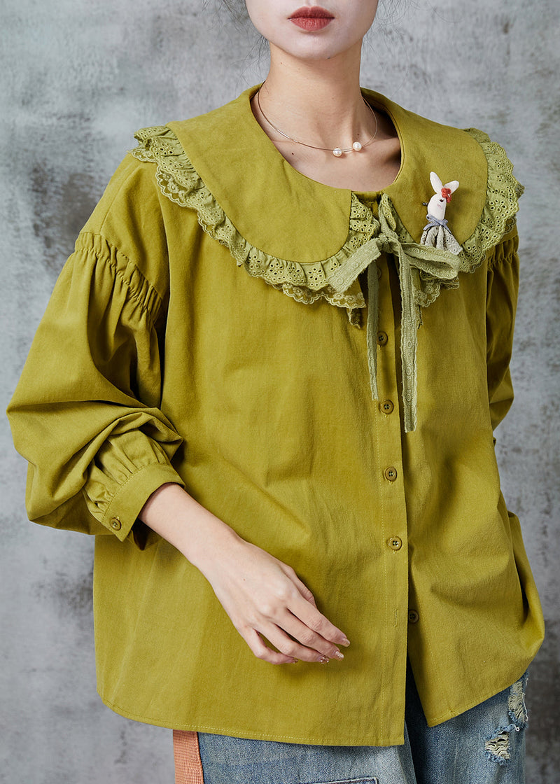 Green Peter Pan Collar Patchwork Lace Cotton Shirt Spring