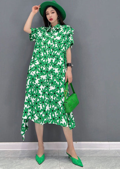 Green Peter Pan Collar Asymmetrical Design Print Cotton Holiday Dress Short Sleeve