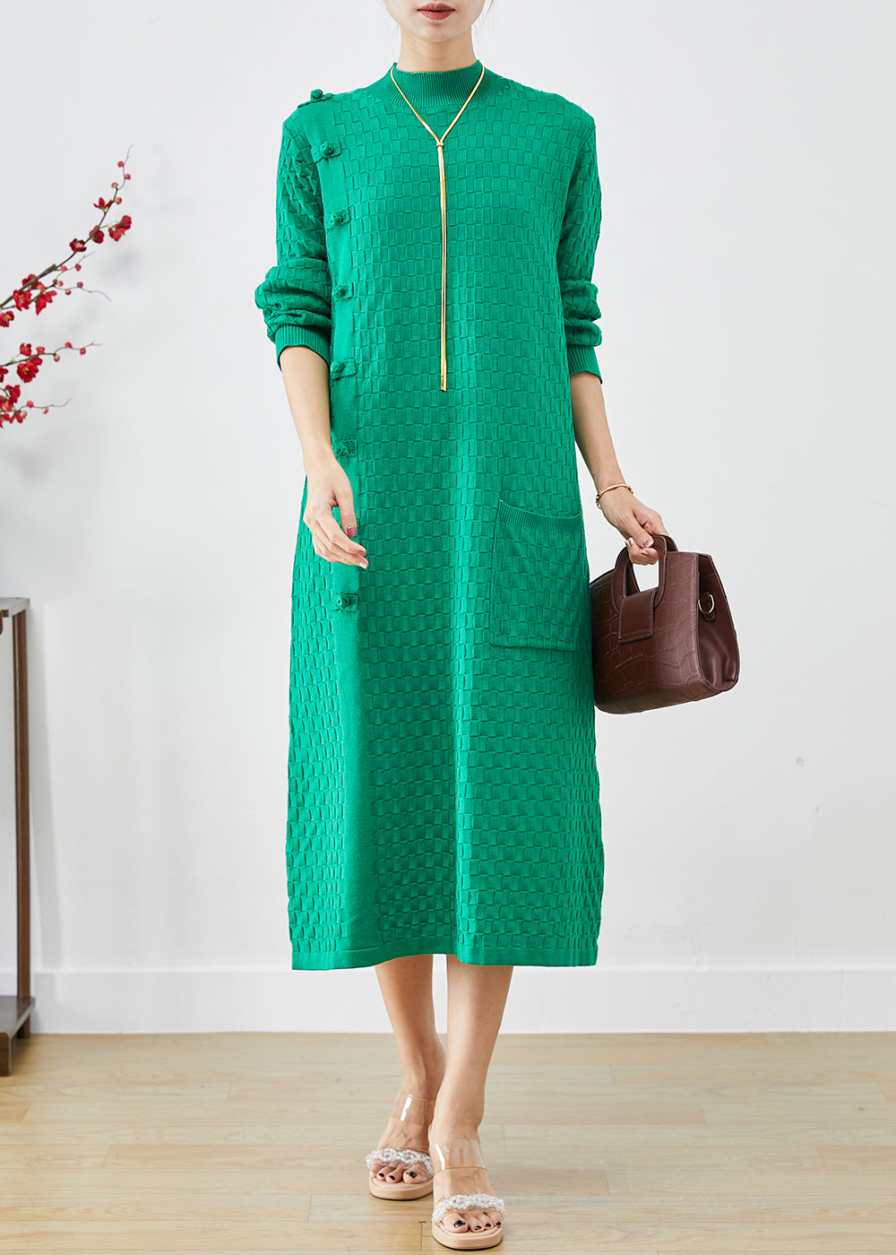 Green Plaid Chinese Button Knitwear Dress Winter