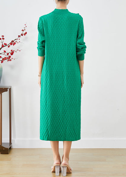 Green Plaid Chinese Button Knitwear Dress Winter