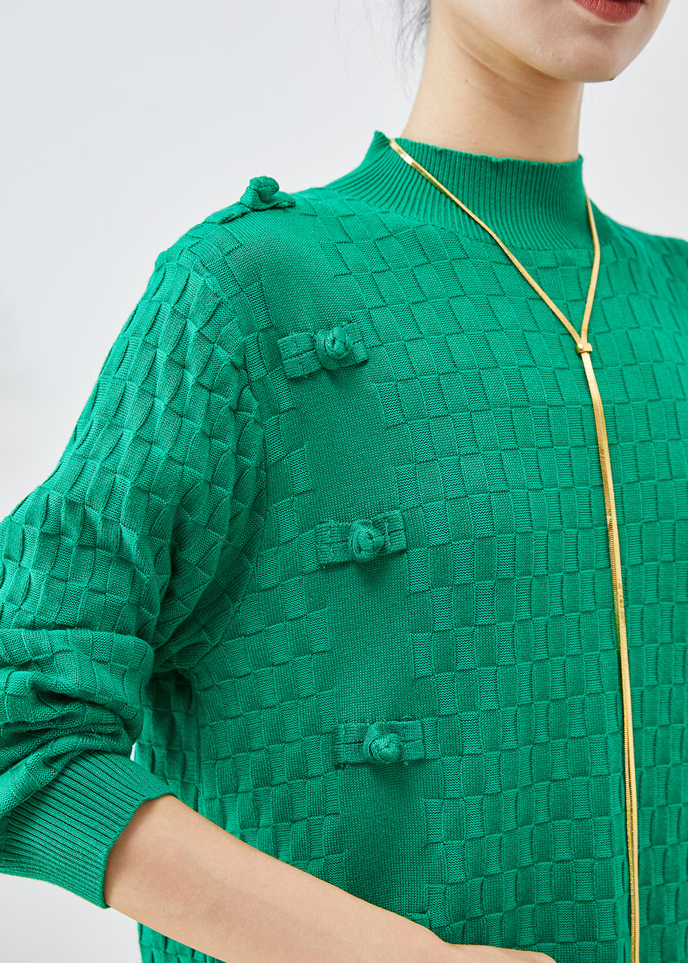 Green Plaid Chinese Button Knitwear Dress Winter