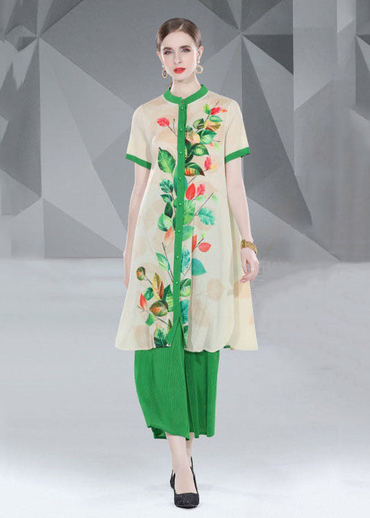 Green Print Button Loose Chiffon 2 Piece Outfit Summer