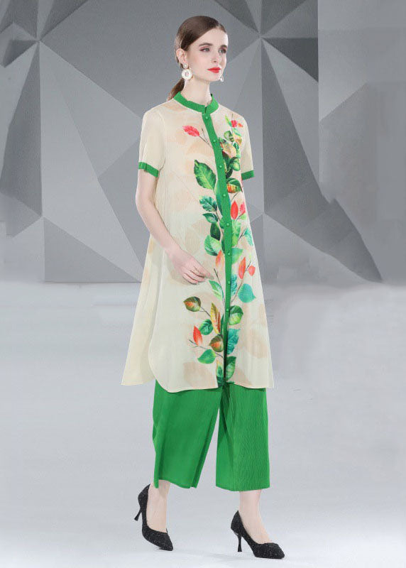 Green Print Button Loose Chiffon 2 Piece Outfit Summer