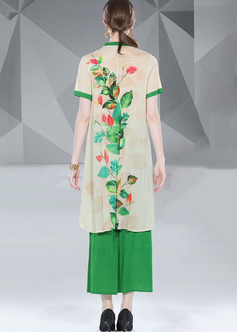 Green Print Button Loose Chiffon 2 Piece Outfit Summer
