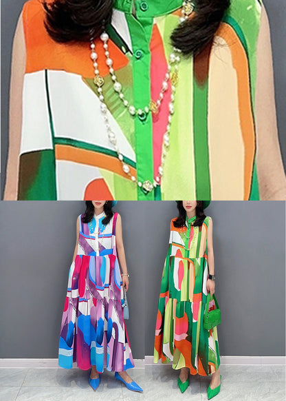 Green Print Button Vacation Maxi Dresses Sleeveless