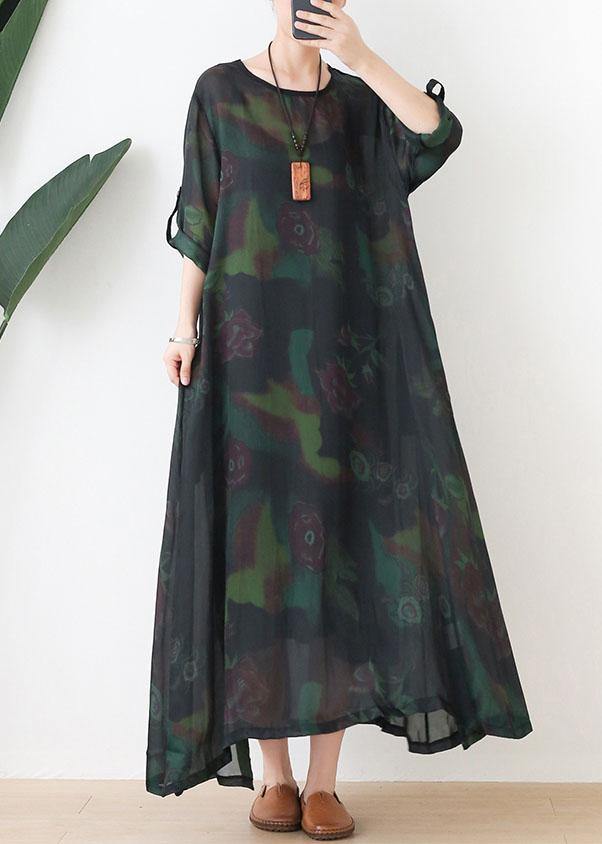Green Print Chiffon Pockets Summer Dresses