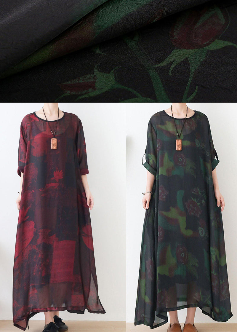Green Print Chiffon Pockets Summer Dresses