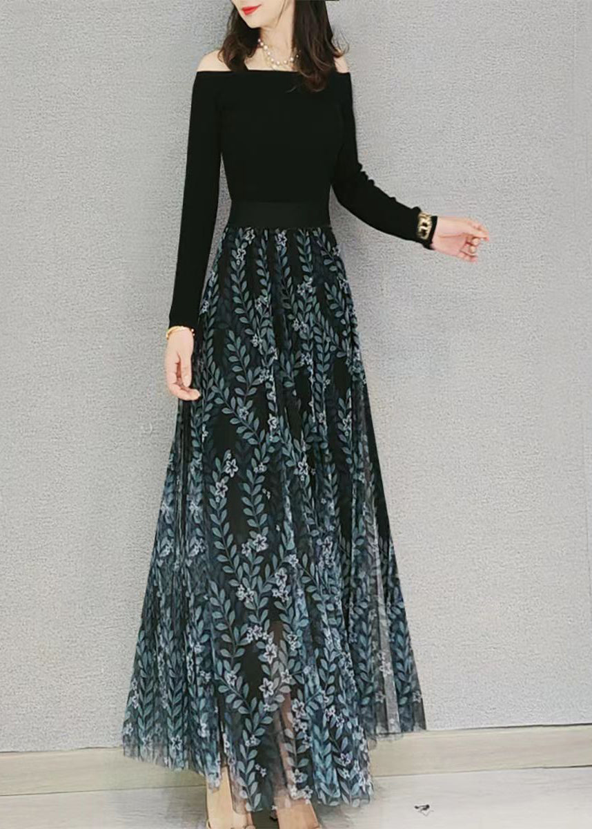 Green Print Elastic Waist Loose Tulle Skirt Spring